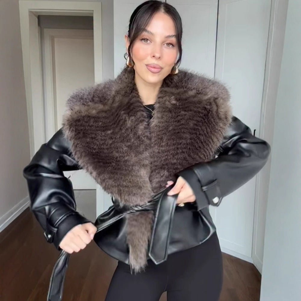 Women's short jacket in biker blouson style made of imitation leather with voluminous faux fur shawl collar and waist belt Chichicherry - Chichicherry