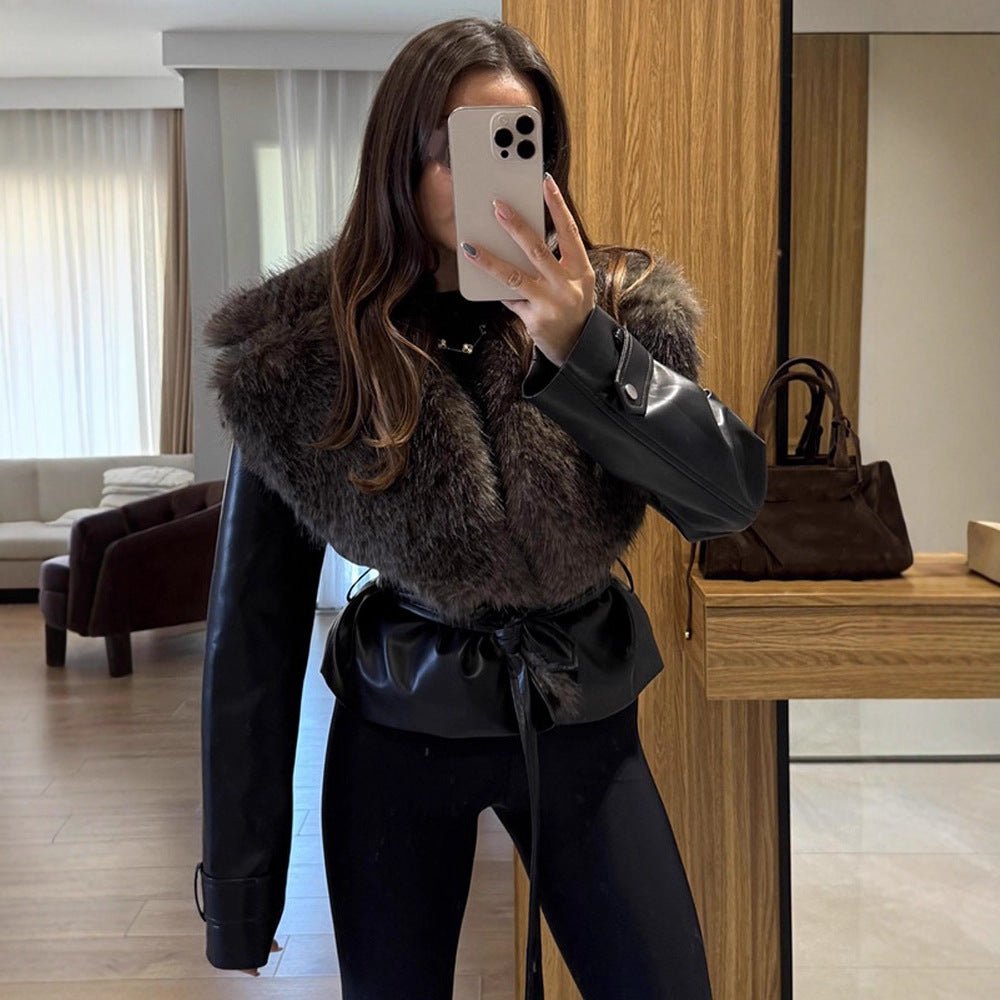 Women's short jacket in biker blouson style made of imitation leather with voluminous faux fur shawl collar and waist belt Chichicherry - Chichicherry