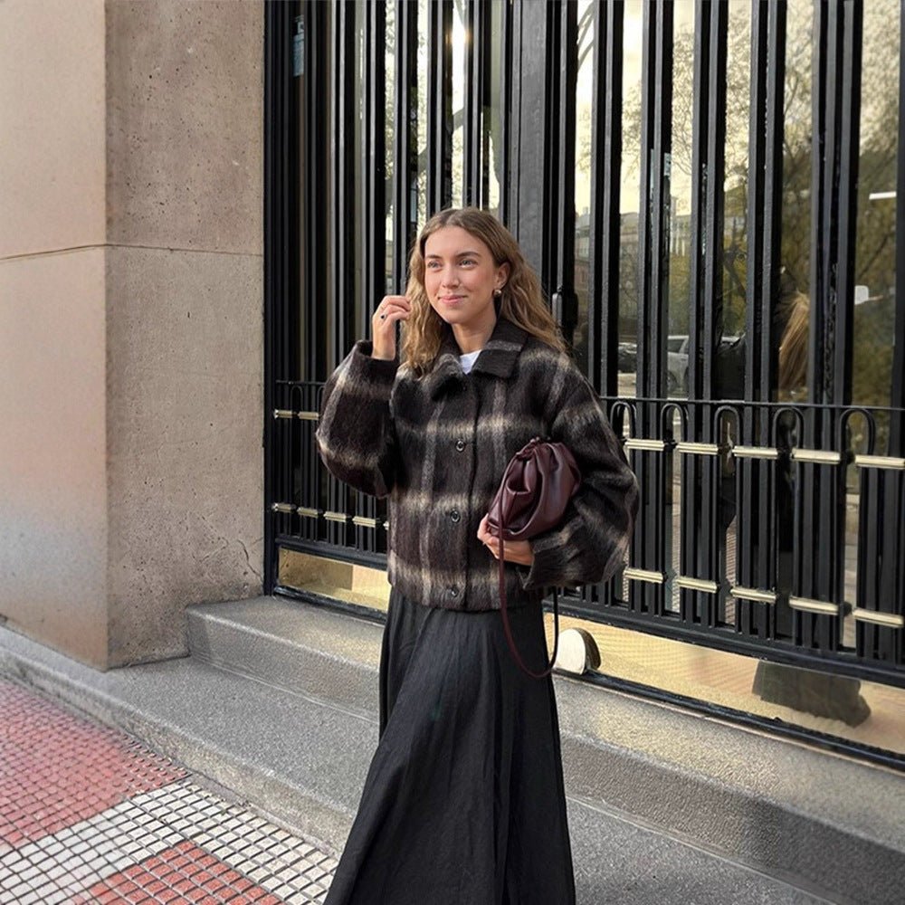 Women's short jacket in checked faux fur boxy cut with shawl collar Chichicherry - Chichicherry