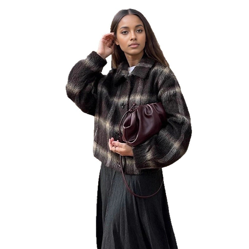 Women's short jacket in checked faux fur boxy cut with shawl collar Chichicherry - Chichicherry