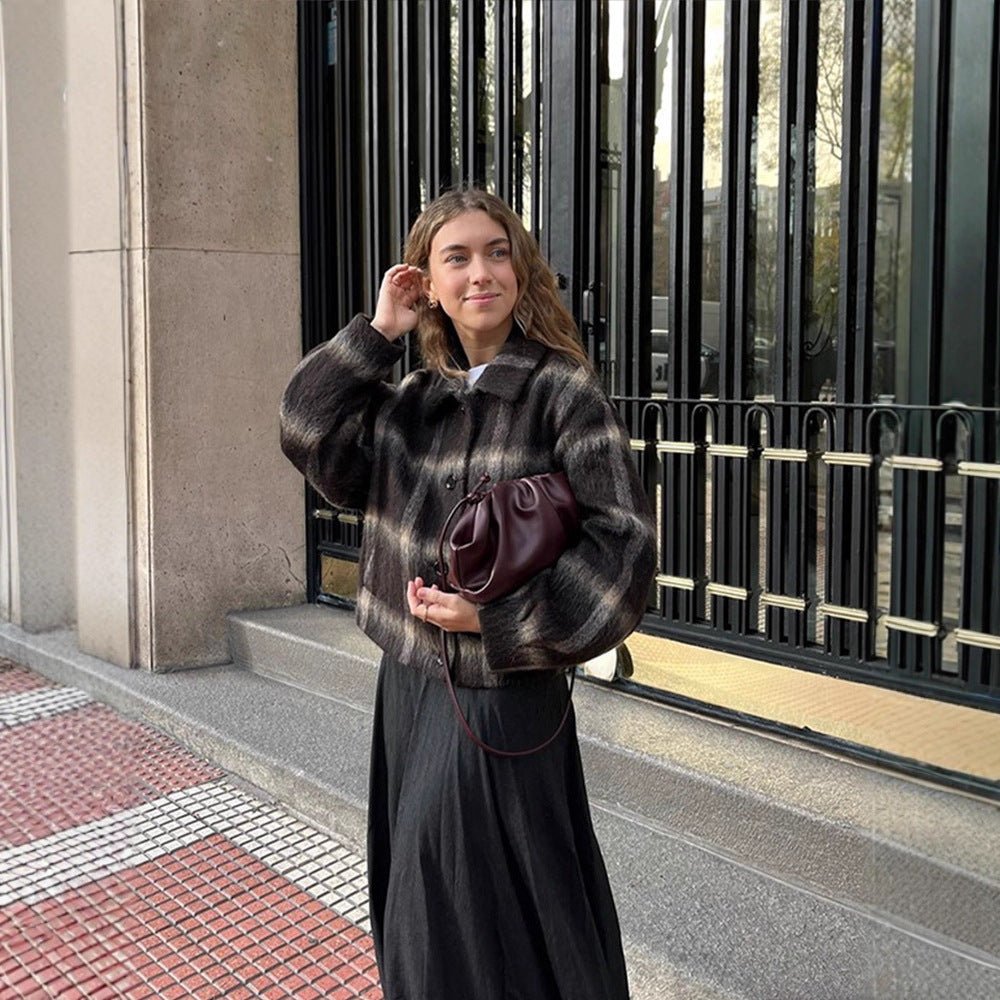 Women's short jacket in checked faux fur boxy cut with shawl collar Chichicherry - Chichicherry