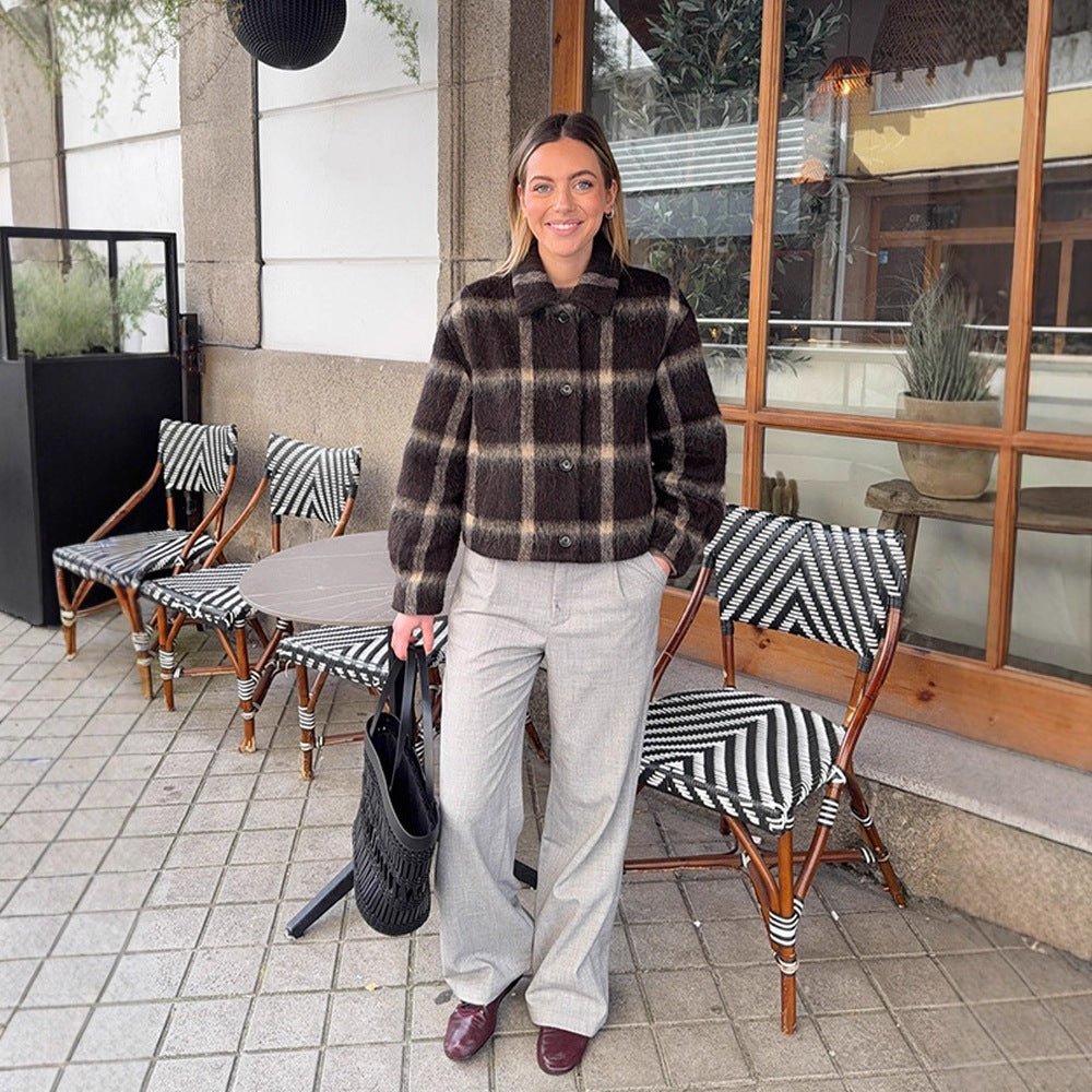 Women's short jacket in checked faux fur boxy cut with shawl collar Chichicherry - Chichicherry