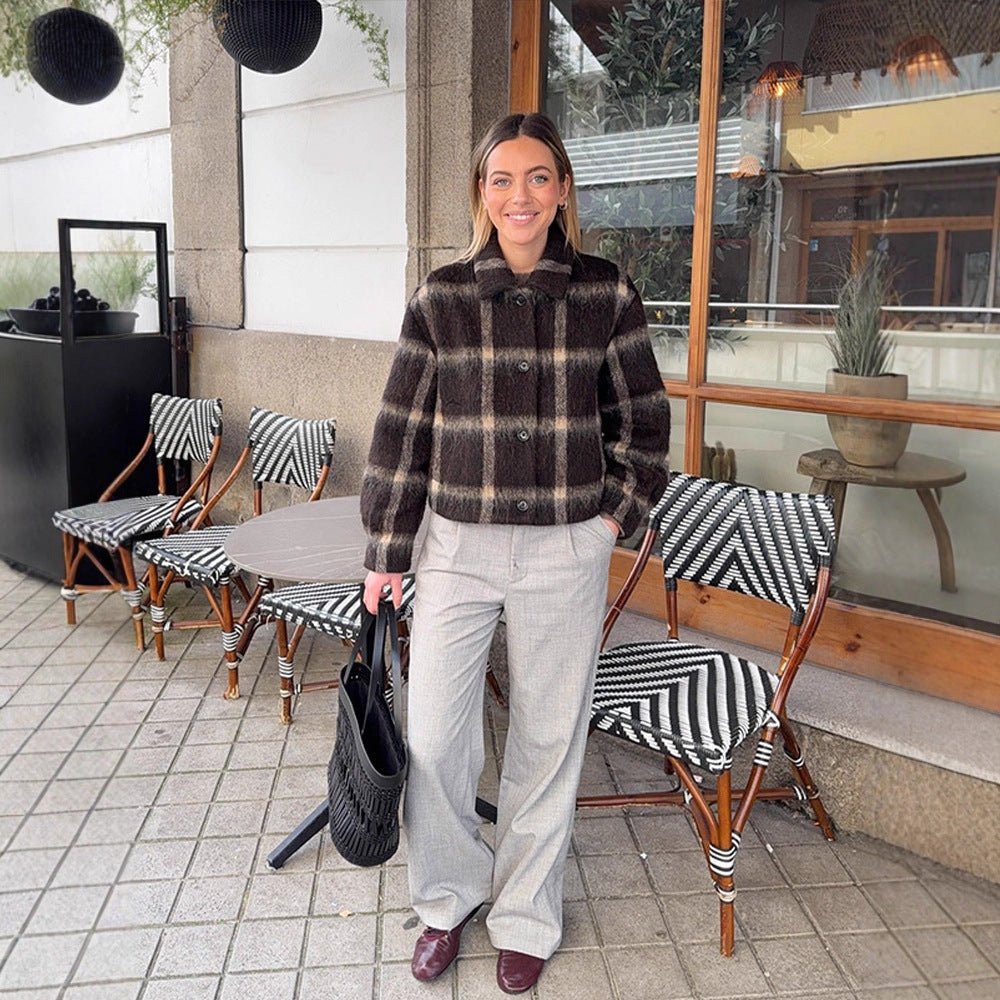 Women's short jacket in checked faux fur boxy cut with shawl collar Chichicherry - Chichicherry
