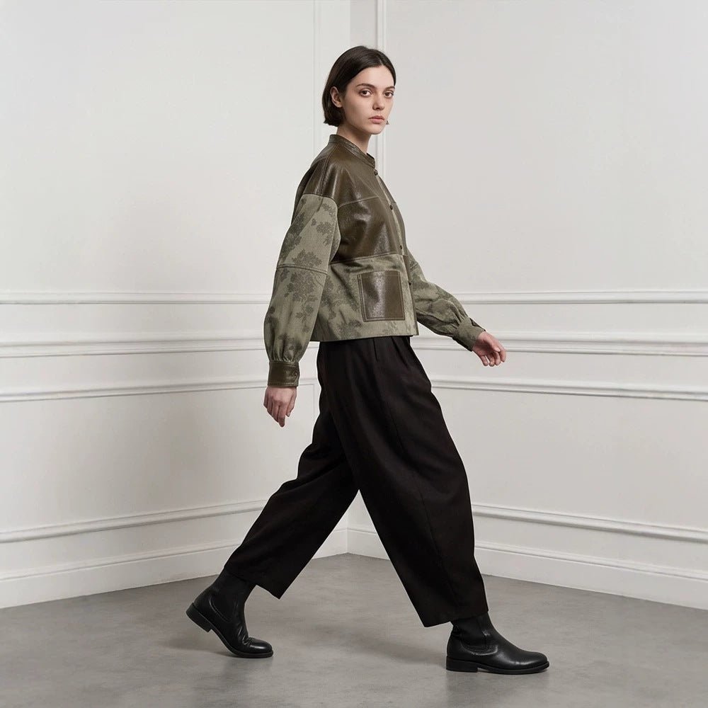 Women's short jacket in leather look and jacquard with stand-up collar Chichicherry - Chichicherry