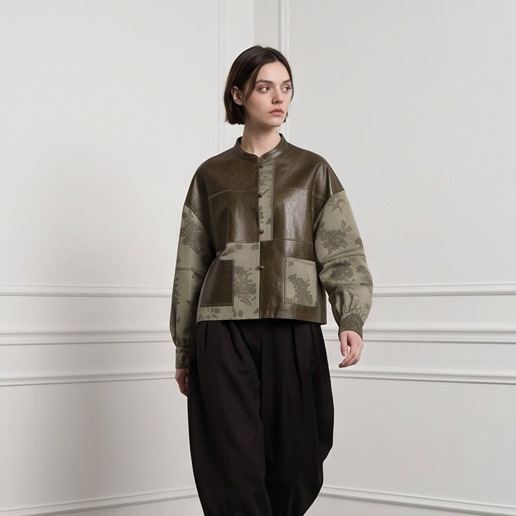 Women's short jacket in leather look and jacquard with stand-up collar Chichicherry - Chichicherry