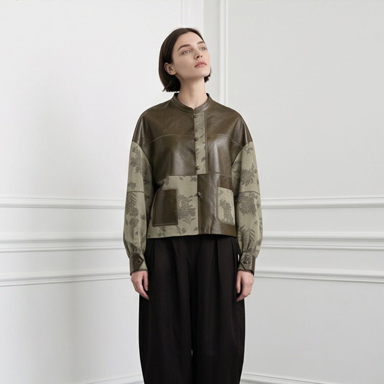 Women's short jacket in leather look and jacquard with stand-up collar Chichicherry - Chichicherry