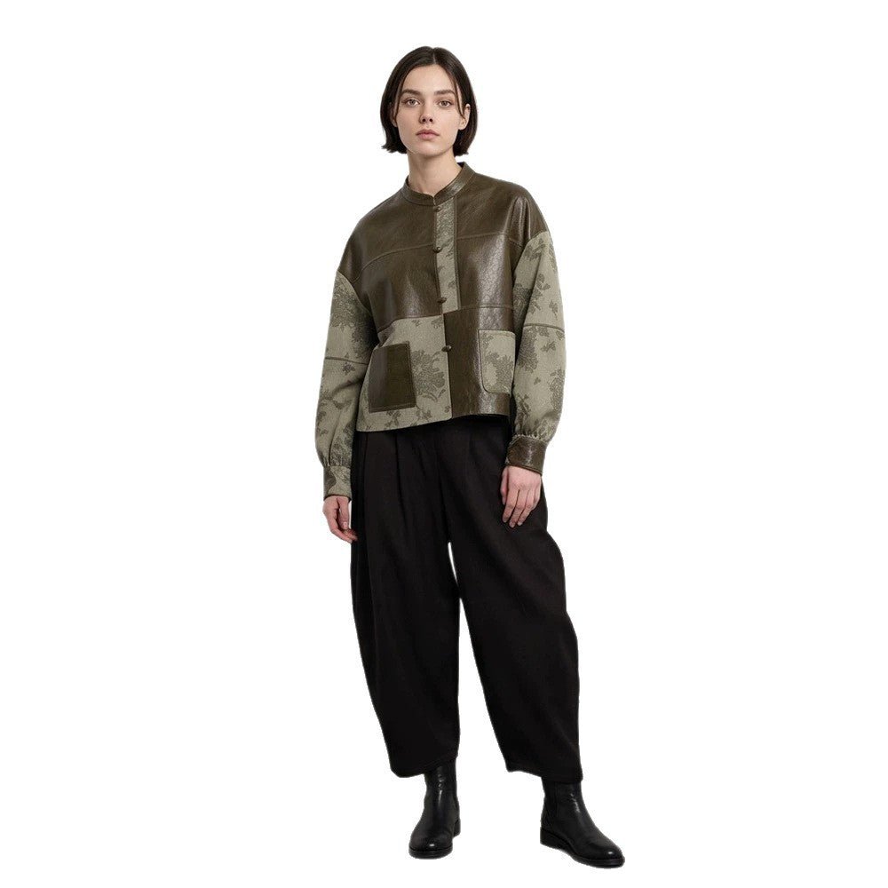 Women's short jacket in leather look and jacquard with stand-up collar Chichicherry - Chichicherry