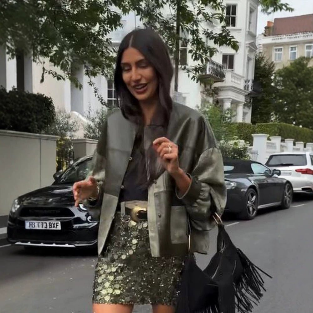Women's short jacket in leather look and jacquard with stand-up collar Chichicherry - Chichicherry