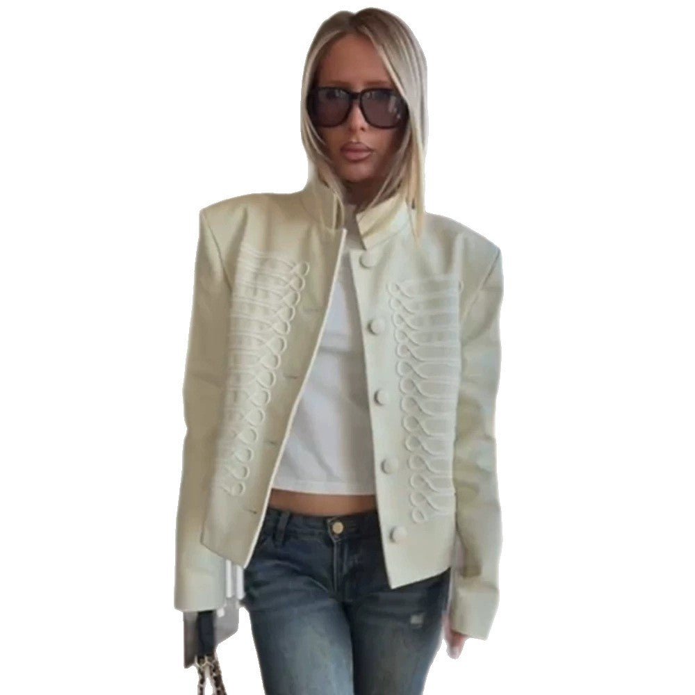 Women's short jacket in military style with decorative cord embellishment and stand-up collar Chichicherry - Chichicherry