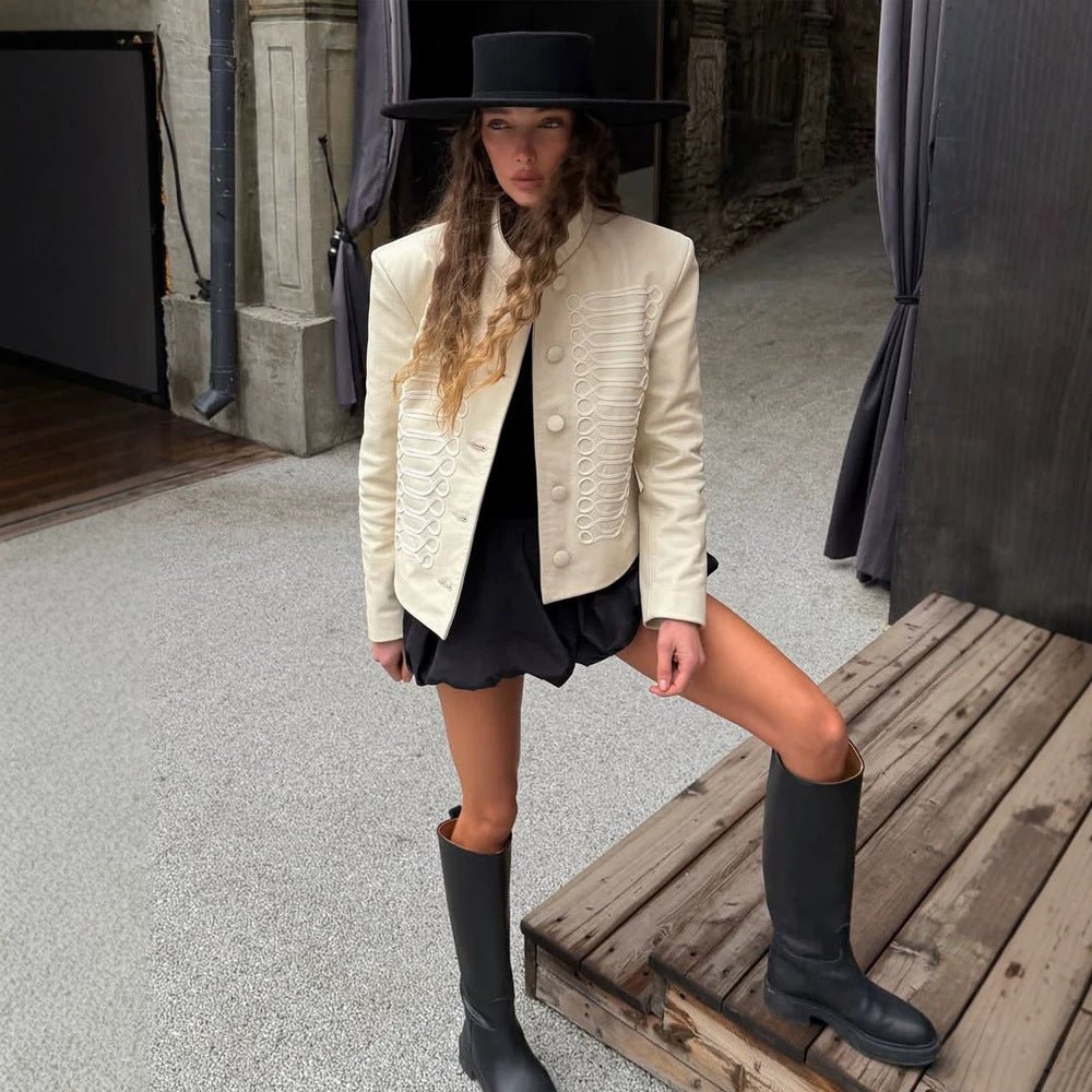 Women's short jacket in military style with decorative cord embellishment and stand-up collar Chichicherry - Chichicherry