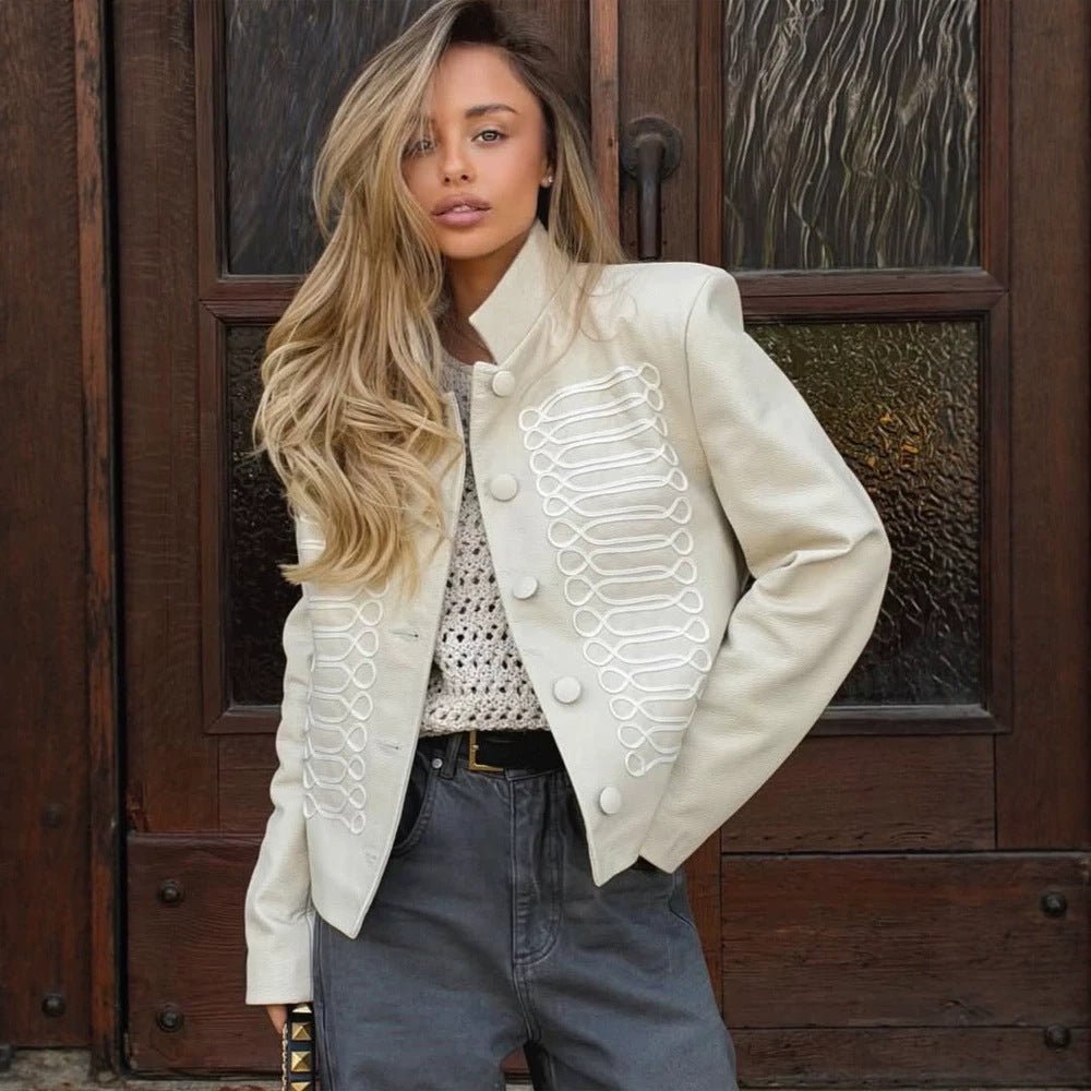 Women's short jacket in military style with decorative cord embellishment and stand-up collar Chichicherry - Chichicherry