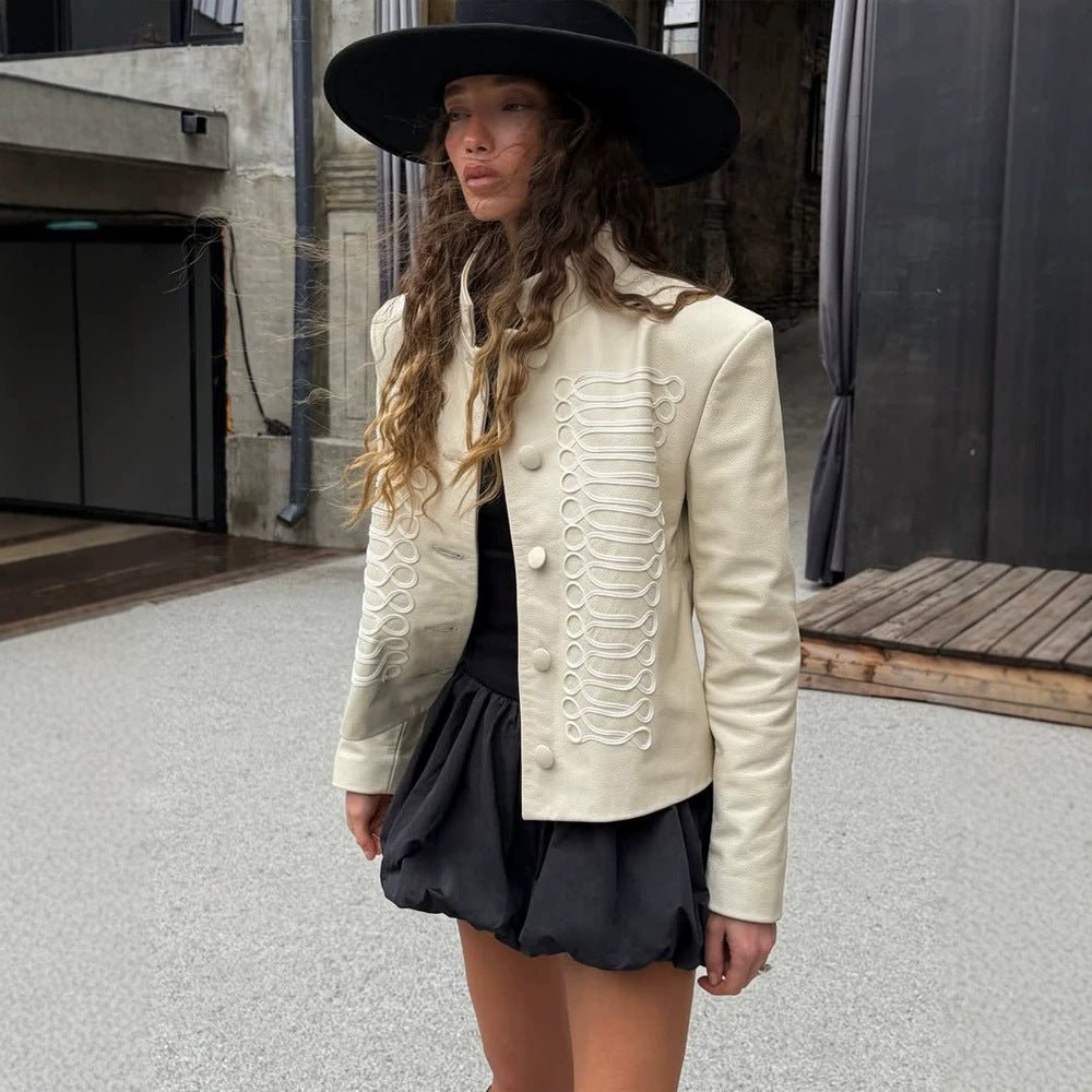 Women's short jacket in military style with decorative cord embellishment and stand-up collar Chichicherry - Chichicherry