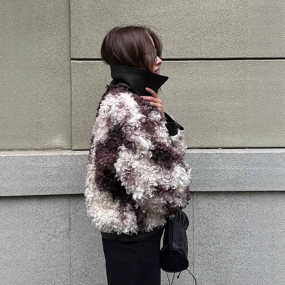 Women's short jacket made of curly bouclé faux fur with leather look detailing Chichicherry - Chichicherry