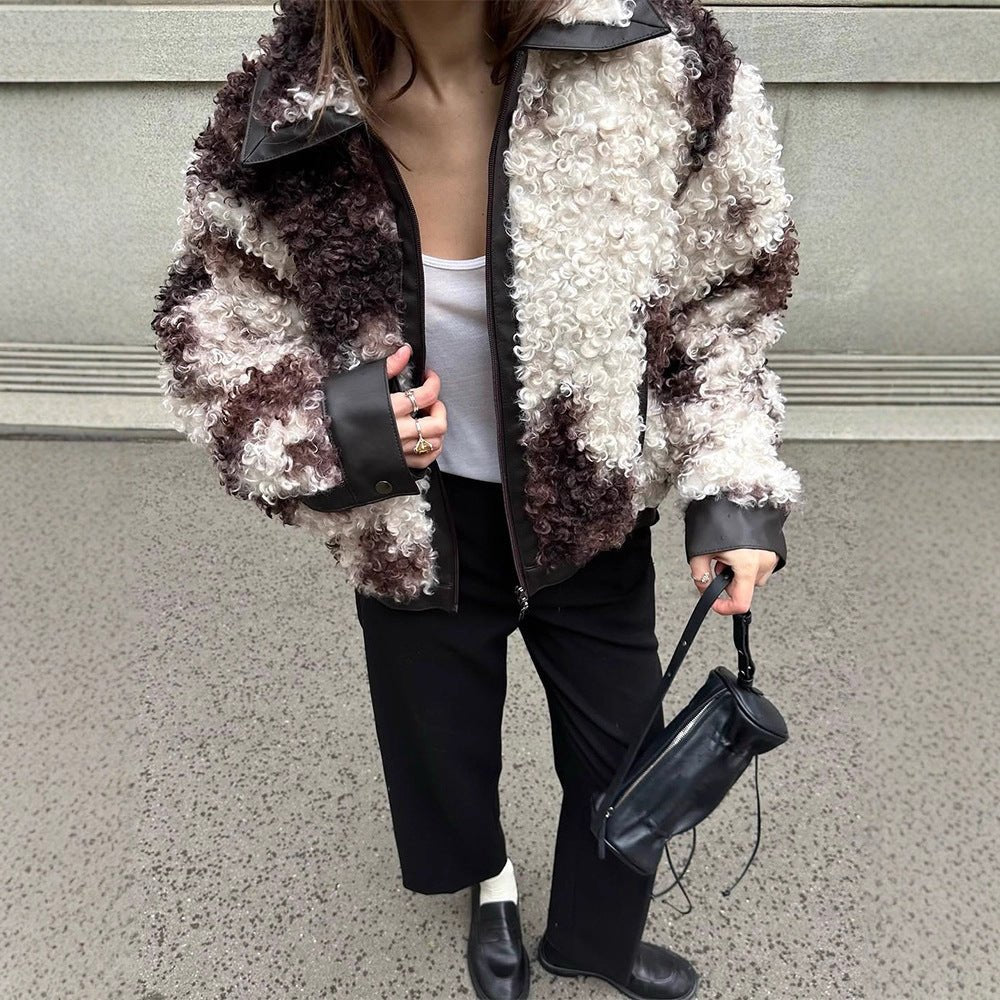 Women's short jacket made of curly bouclé faux fur with leather look detailing Chichicherry - Chichicherry