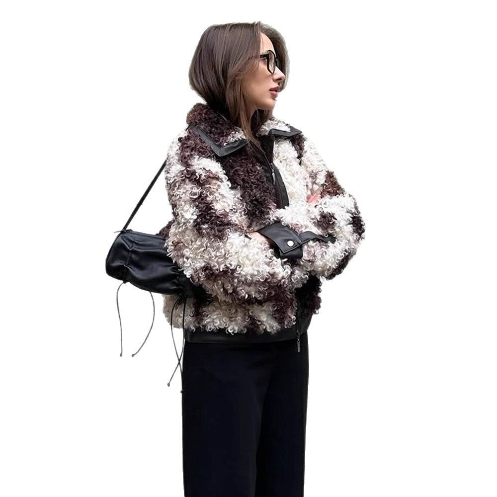 Women's short jacket made of curly bouclé faux fur with leather look detailing Chichicherry - Chichicherry