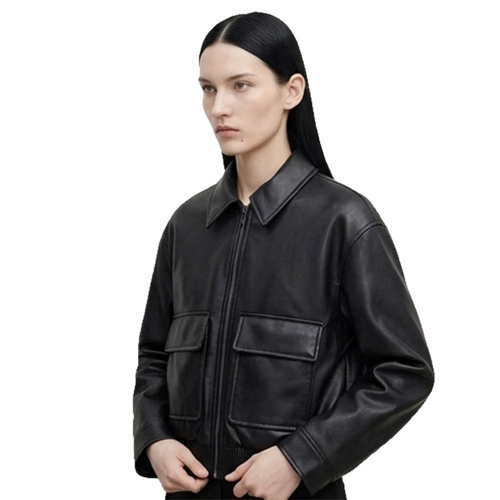 Women's short jacket made of faux leather in bomber style with ribbed hem and patch pockets Chichicherry - Chichicherry