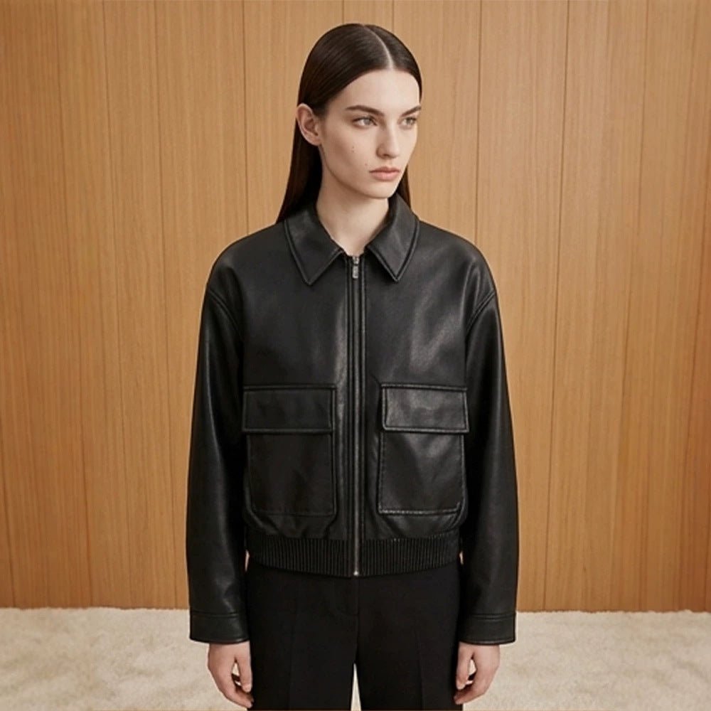 Women's short jacket made of faux leather in bomber style with ribbed hem and patch pockets Chichicherry - Chichicherry