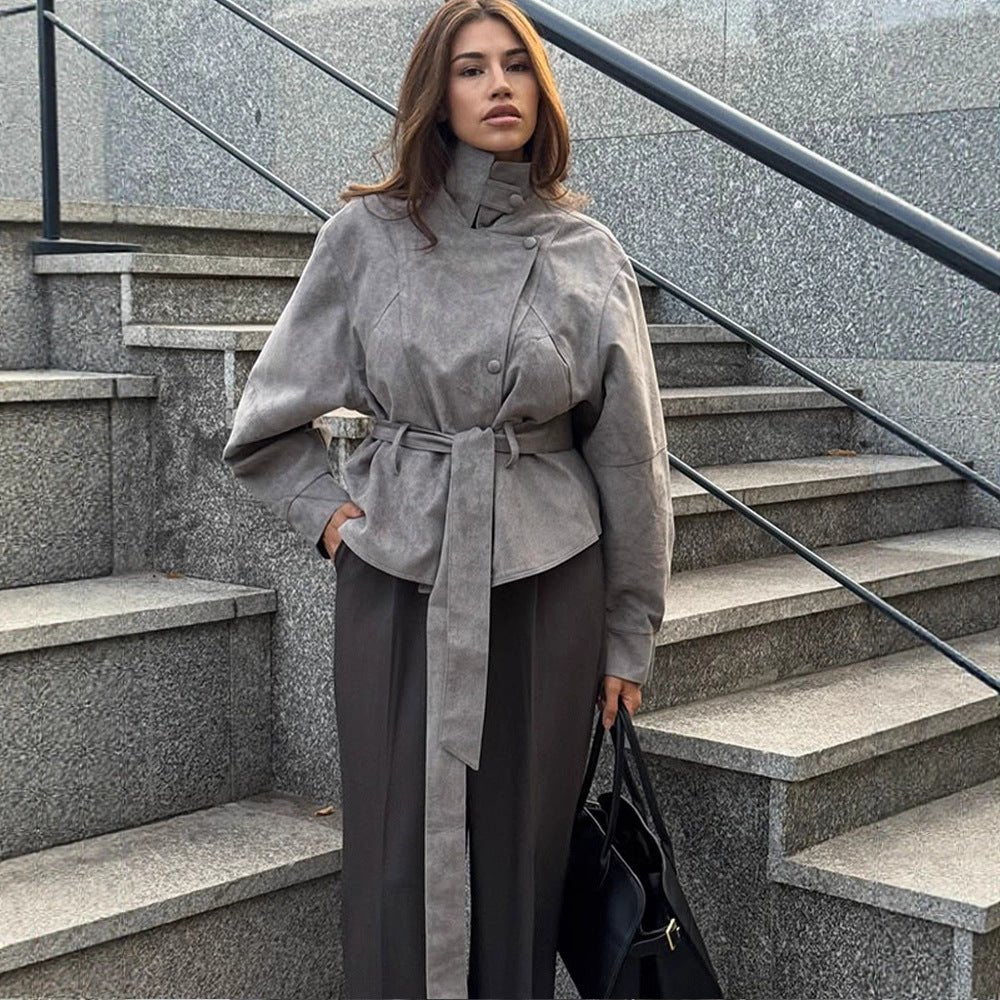 Women's short jacket made of faux suede with a high stand-up collar, waist belt, and boxy oversized silhouette Chichicherry - Chichicherry