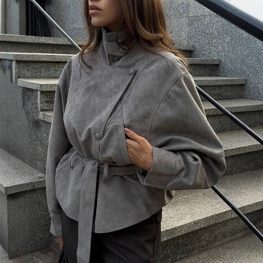 Women's short jacket made of faux suede with a high stand-up collar, waist belt, and boxy oversized silhouette Chichicherry - Chichicherry