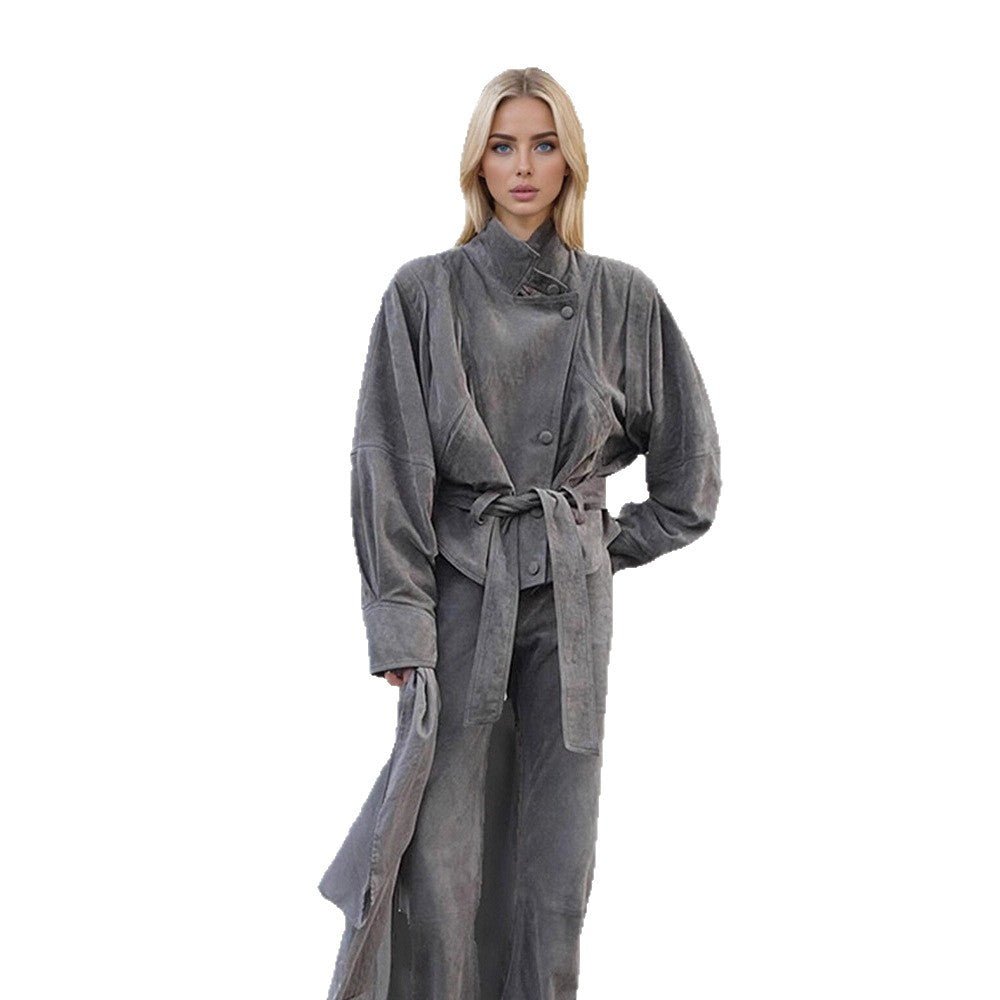 Women's short jacket made of faux suede with a high stand-up collar, waist belt, and boxy oversized silhouette Chichicherry - Chichicherry