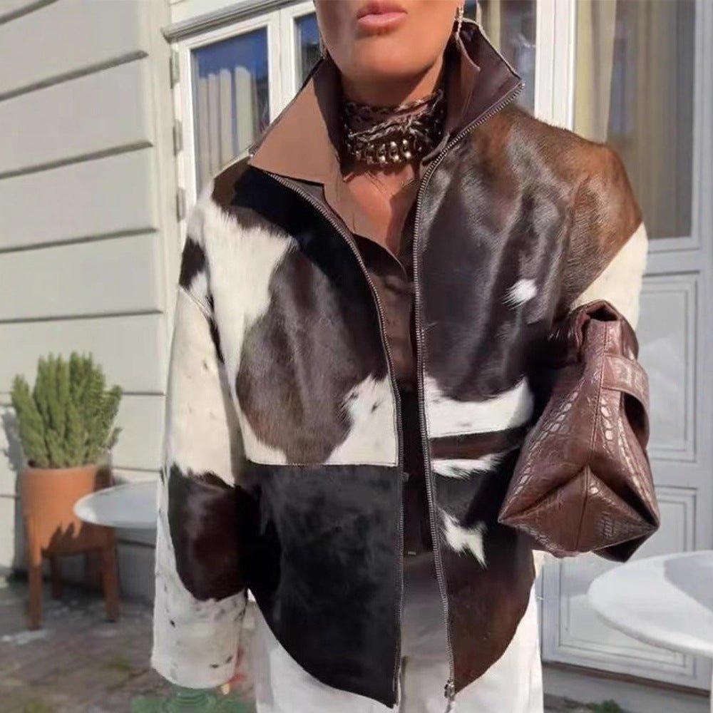 Women's short jacket made of shaggy faux fur with patchwork look and high stand-up collar Chichicherry - Chichicherry