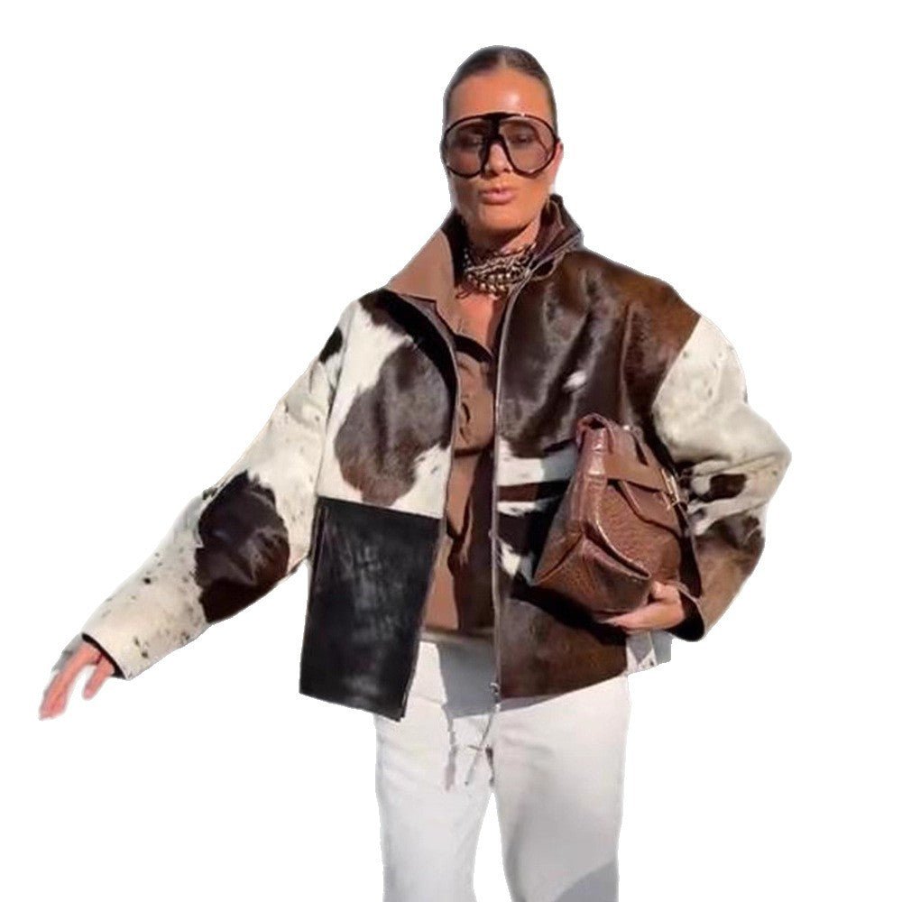 Women's short jacket made of shaggy faux fur with patchwork look and high stand-up collar Chichicherry - Chichicherry