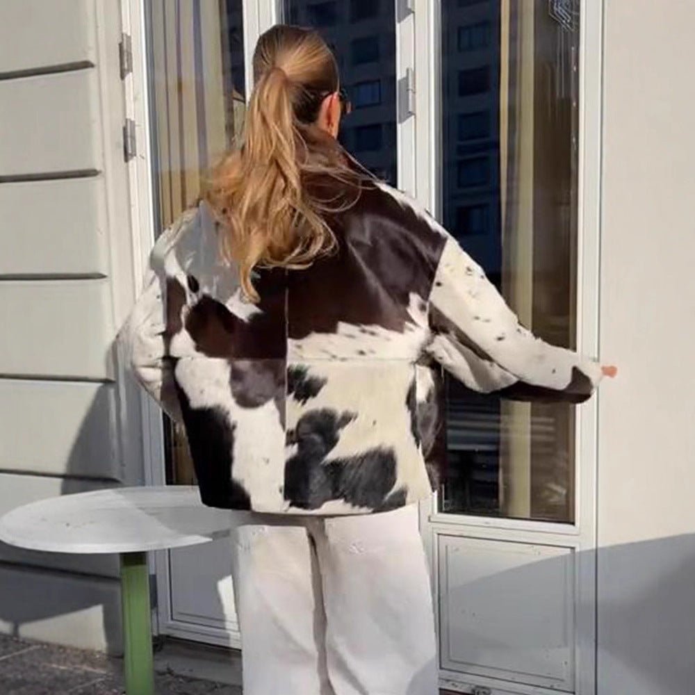 Women's short jacket made of shaggy faux fur with patchwork look and high stand-up collar Chichicherry - Chichicherry