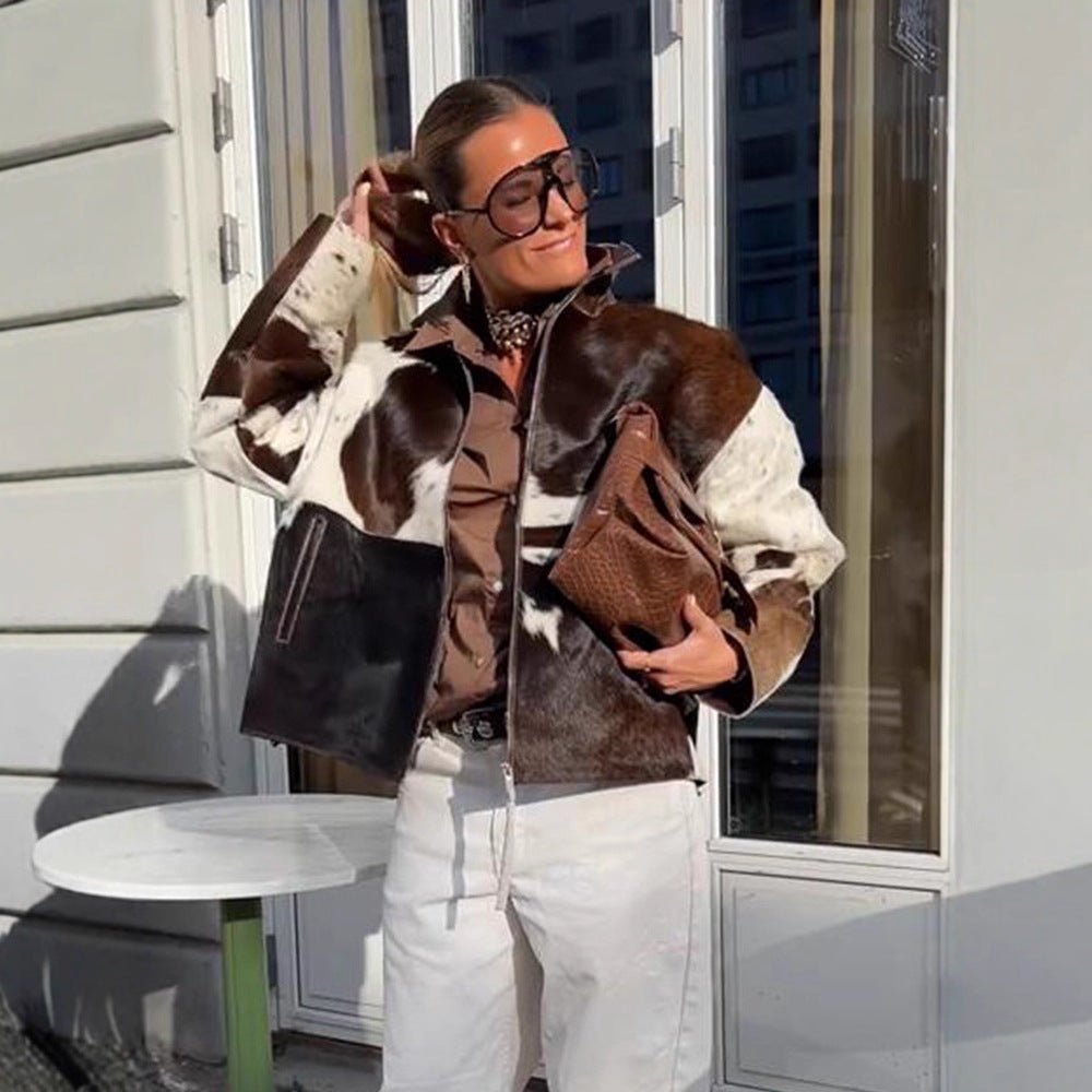 Women's short jacket made of shaggy faux fur with patchwork look and high stand-up collar Chichicherry - Chichicherry