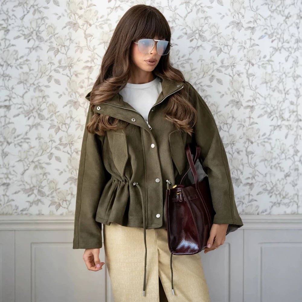 Women's short jacket made of suede look with hood, drawstring waist and patch pockets Chichicherry - Chichicherry