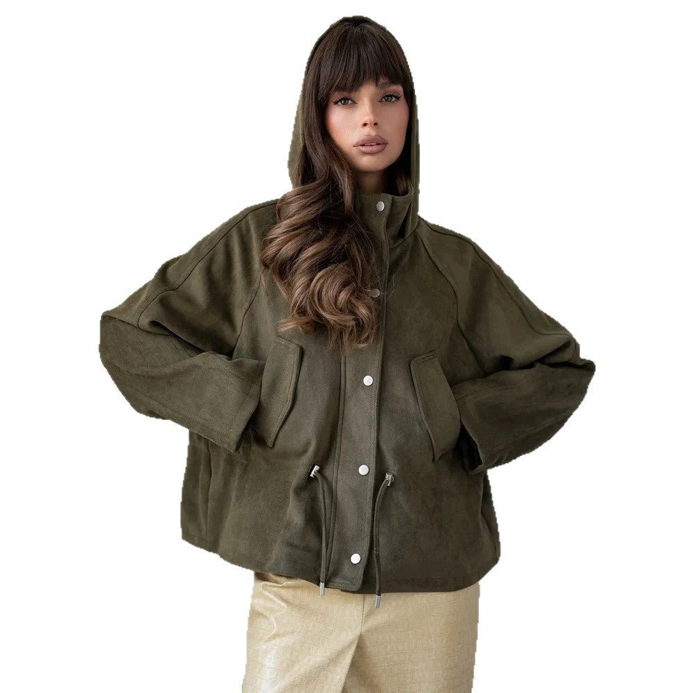 Women's short jacket made of suede look with hood, drawstring waist and patch pockets Chichicherry - Chichicherry