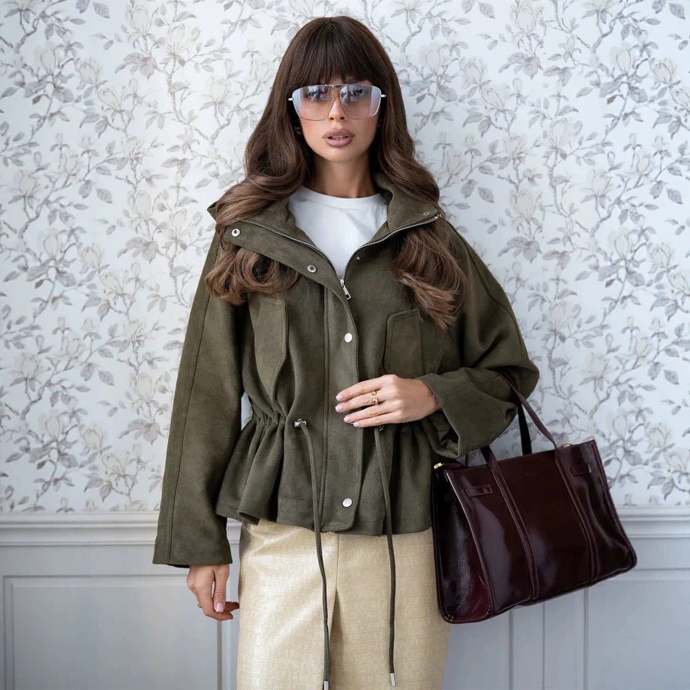 Women's short jacket made of suede look with hood, drawstring waist and patch pockets Chichicherry - Chichicherry