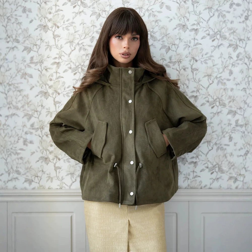 Women's short jacket made of suede look with hood, drawstring waist and patch pockets Chichicherry - Chichicherry