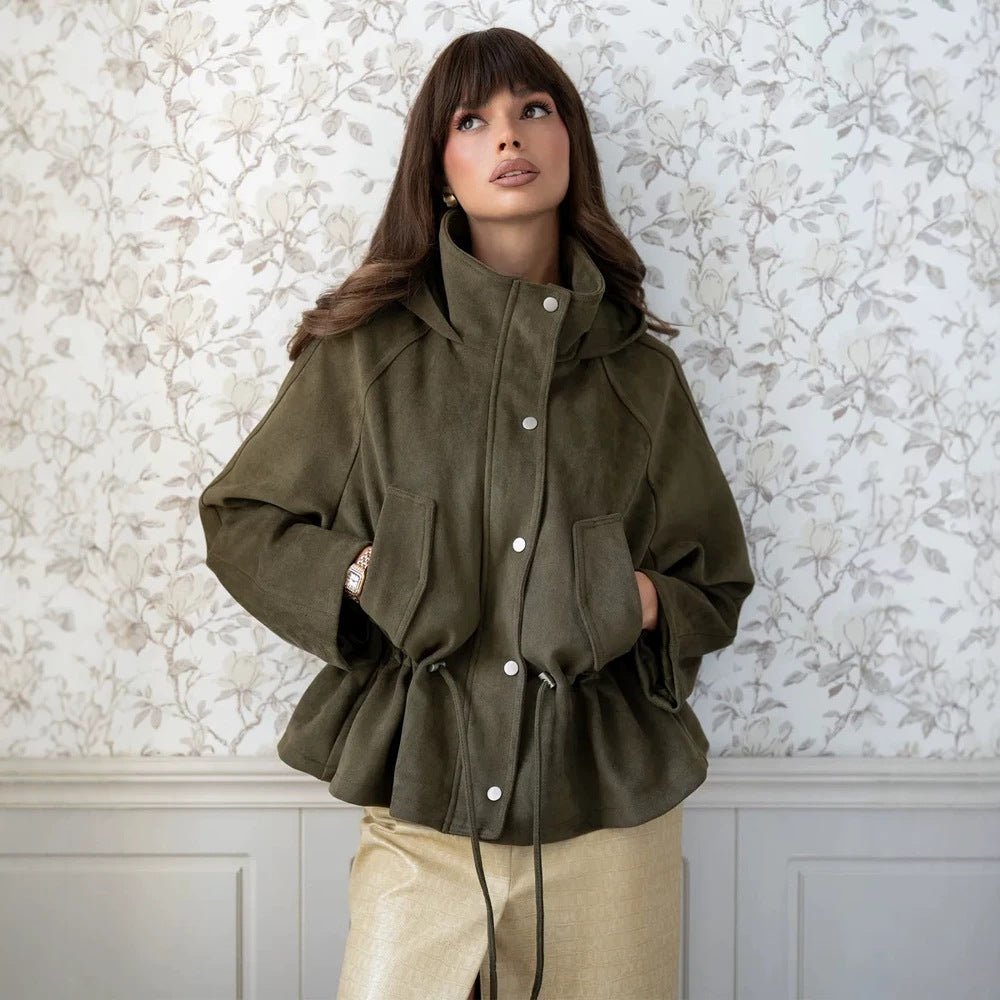 Women's short jacket made of suede look with hood, drawstring waist and patch pockets Chichicherry - Chichicherry