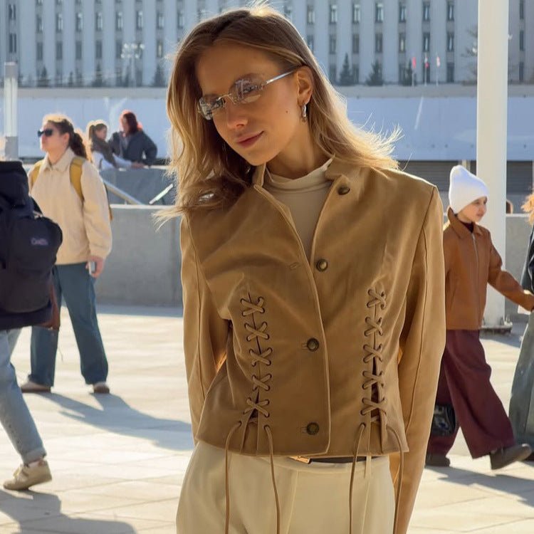 Women's short jacket made of suede-look with side lacing & stand-up collar Chichicherry - Chichicherry