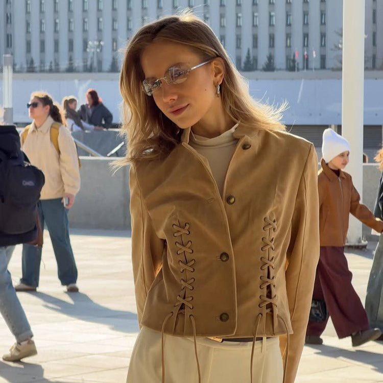 Women's short jacket made of suede-look with side lacing & stand-up collar Chichicherry - Chichicherry