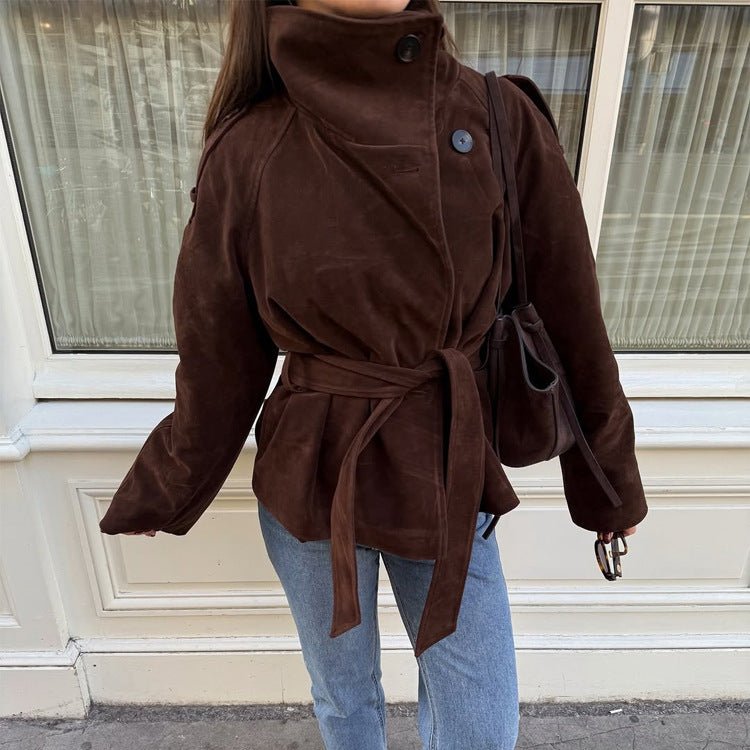Women's short jacket made of suede with a high stand-up collar and tie belt Chichicherry - Chichicherry