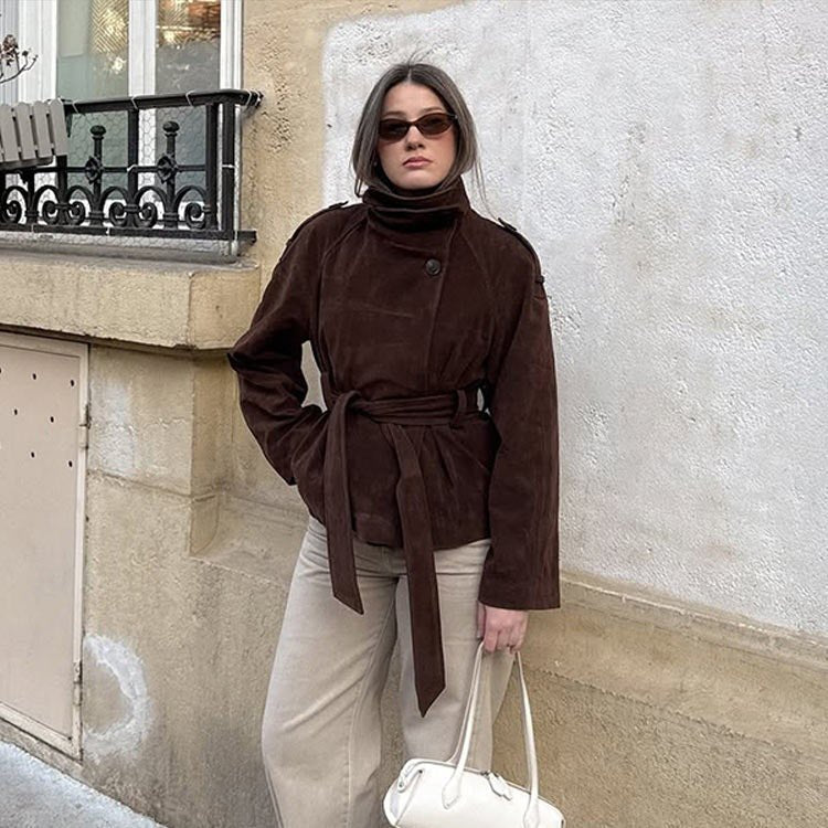 Women's short jacket made of suede with a high stand-up collar and tie belt Chichicherry - Chichicherry