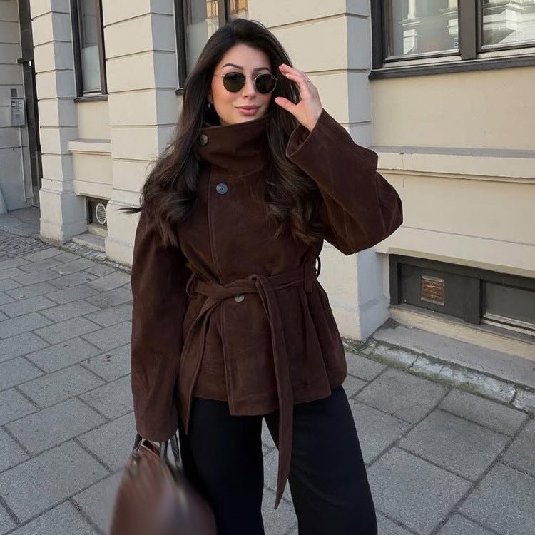 Women's short jacket made of suede with a high stand-up collar and tie belt Chichicherry - Chichicherry
