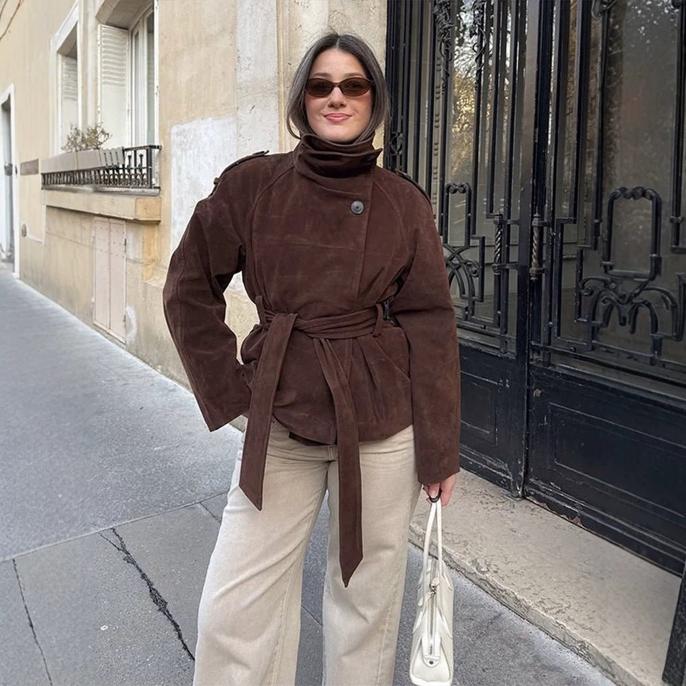 Women's short jacket made of suede with a high stand-up collar and tie belt Chichicherry - Chichicherry