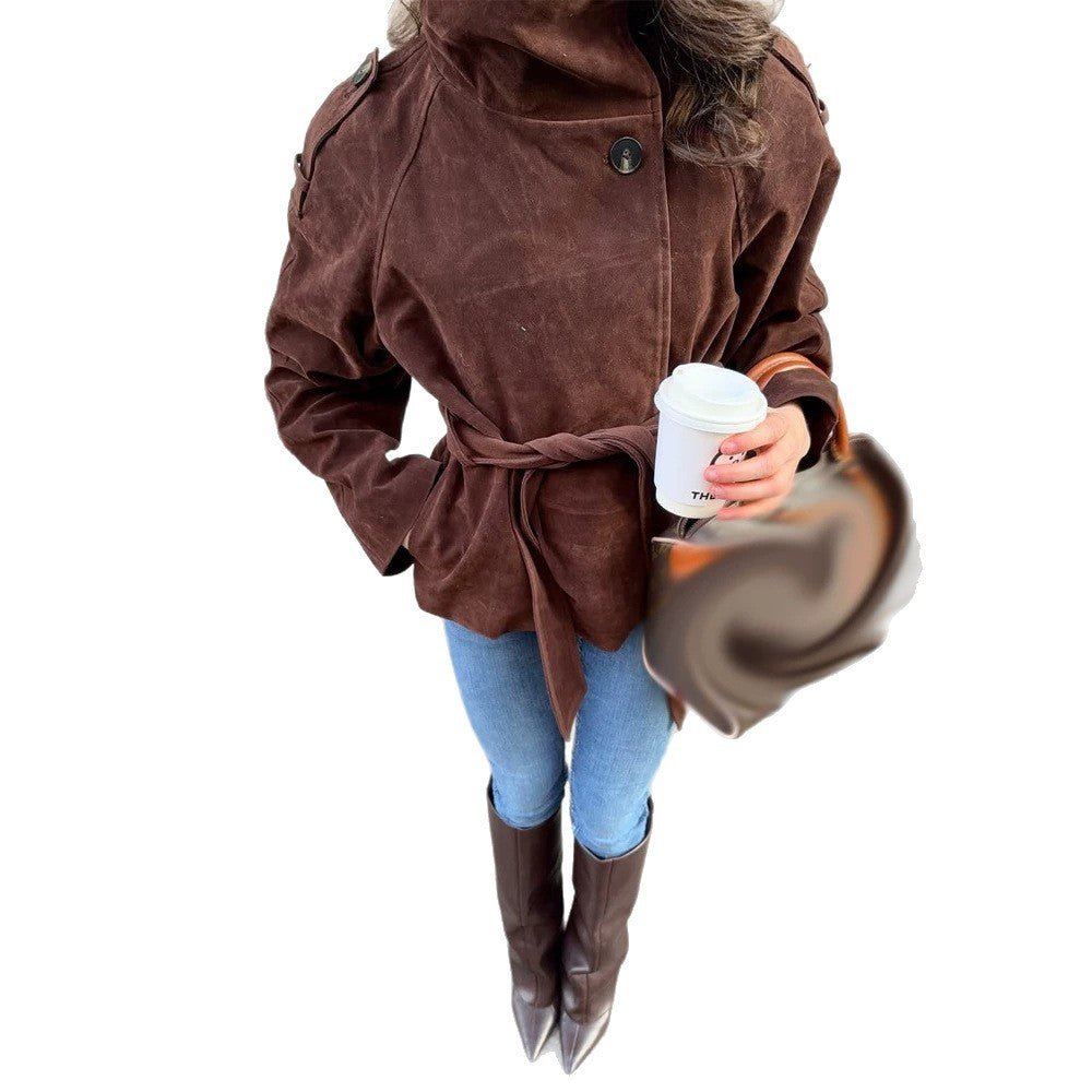 Women's short jacket made of suede with a high stand-up collar and tie belt Chichicherry - Chichicherry