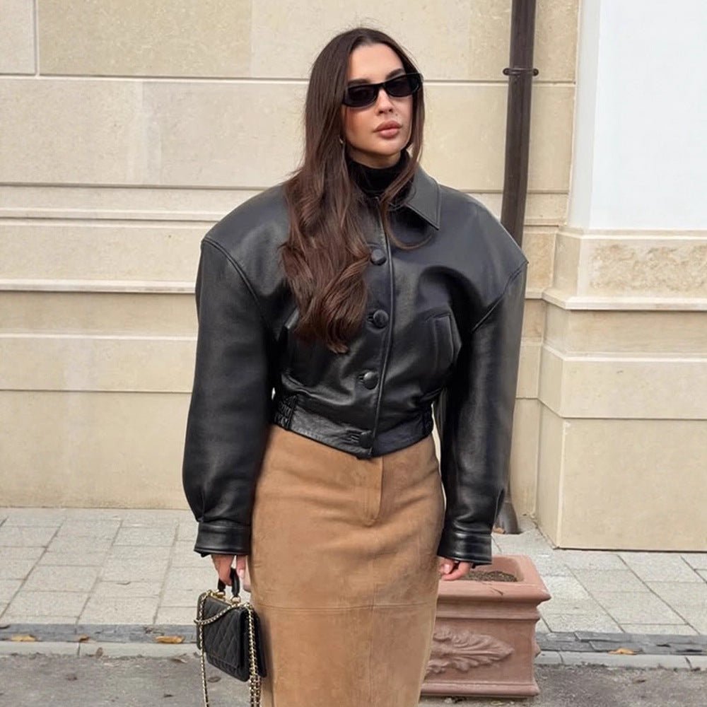 Women's short jacket made of vegan leather imitation in boxy cut with oversized shoulders and hidden button placket Chichicherry - Chichicherry