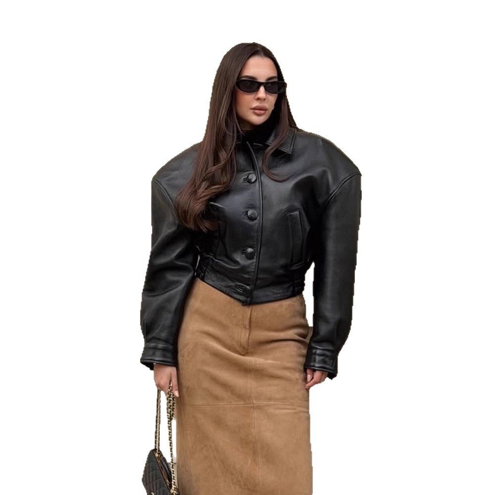 Women's short jacket made of vegan leather imitation in boxy cut with oversized shoulders and hidden button placket Chichicherry - Chichicherry