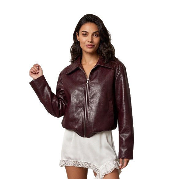 Women's short jacket made of vegan smooth leather look with pointed shirt collar and front zipper Chichicherry - Chichicherry