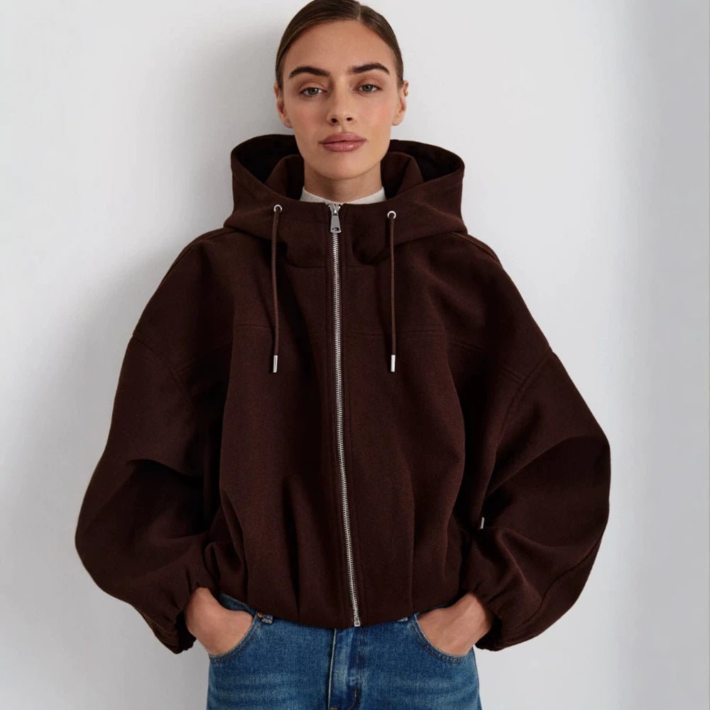 Women’s short jacket made of wool blend with hood, boxy silhouette & gathered hem Chichicherry - Chichicherry