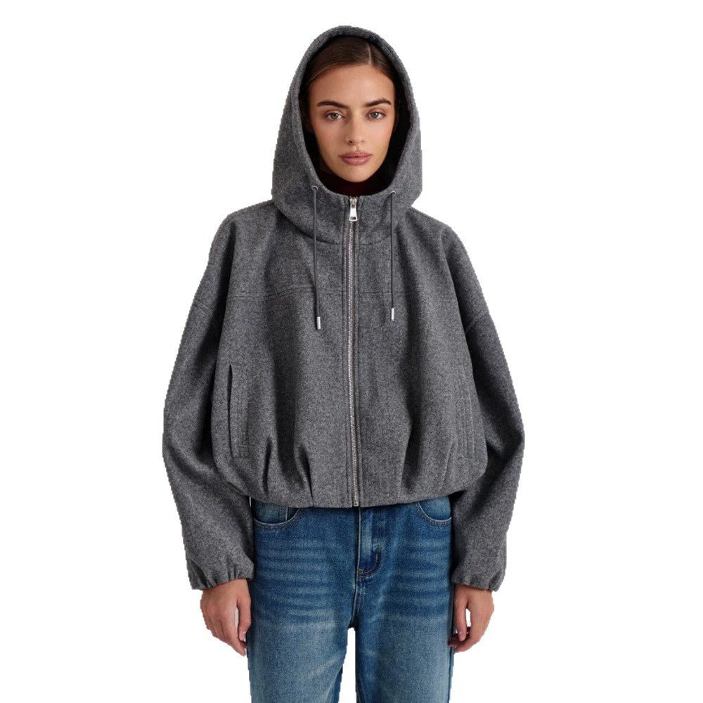 Women’s short jacket made of wool blend with hood, boxy silhouette & gathered hem Chichicherry - Chichicherry