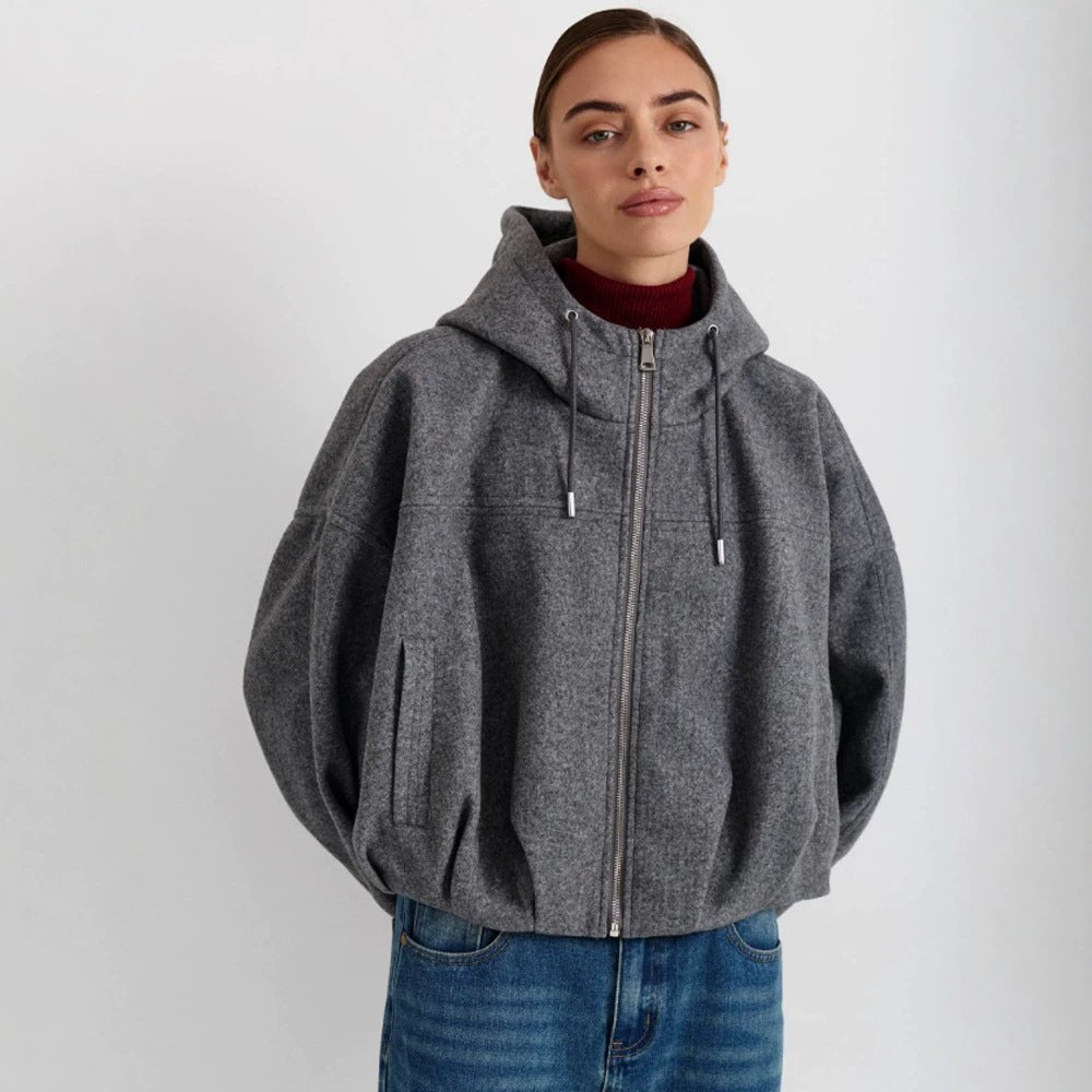 Women’s short jacket made of wool blend with hood, boxy silhouette & gathered hem Chichicherry - Chichicherry