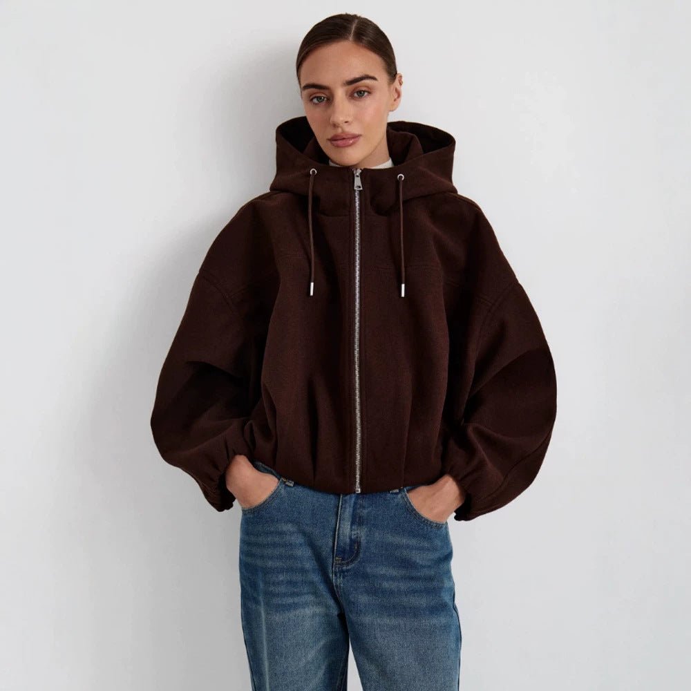 Women’s short jacket made of wool blend with hood, boxy silhouette & gathered hem Chichicherry - Chichicherry