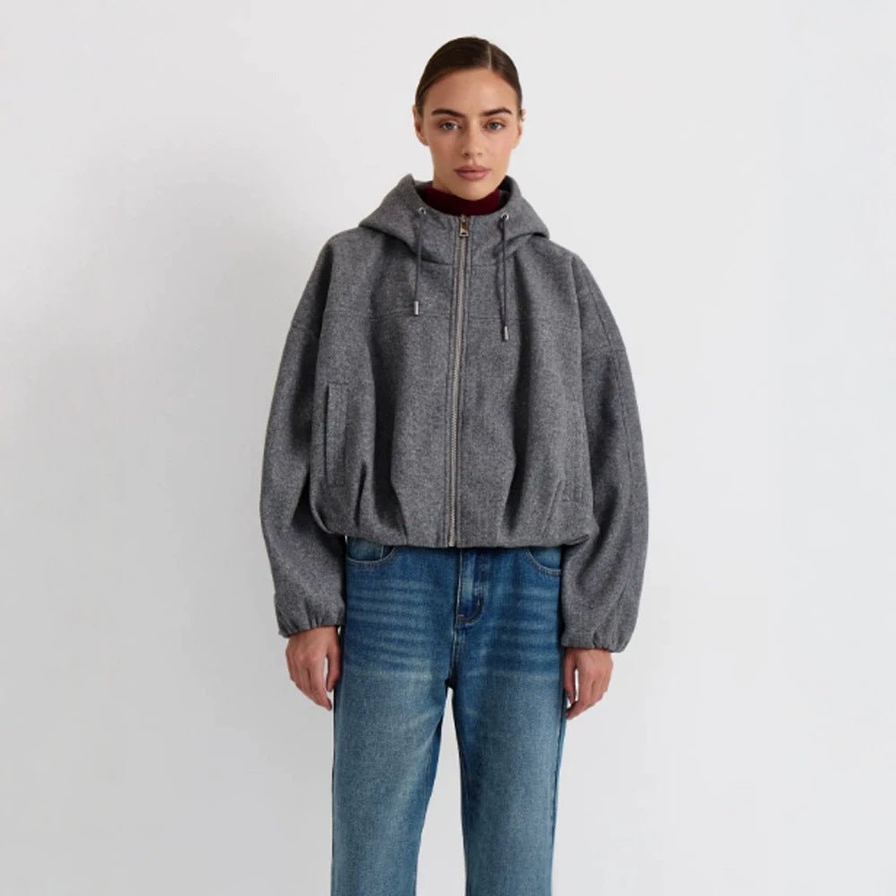 Women’s short jacket made of wool blend with hood, boxy silhouette & gathered hem Chichicherry - Chichicherry
