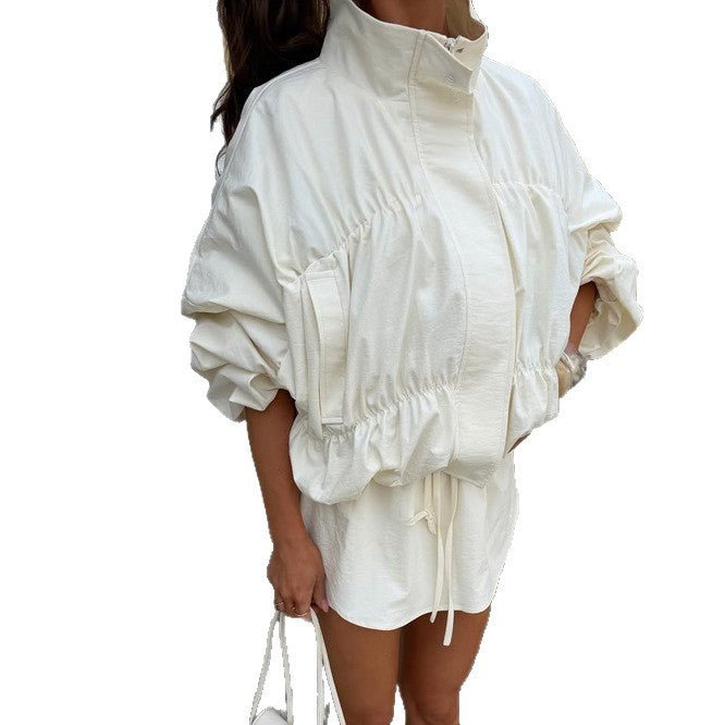 Women's Short Jacket Set with Drawstring, Stand-up Collar and Matching Shorts Chichicherry - Chichicherry
