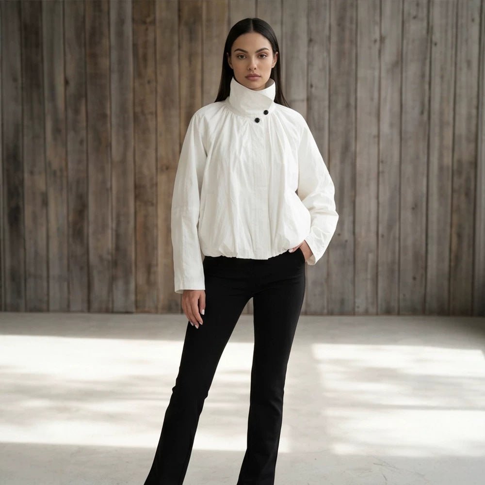 Women's short jacket with high stand-up collar, gathered shoulder area, and elastic hem Chichicherry - Chichicherry